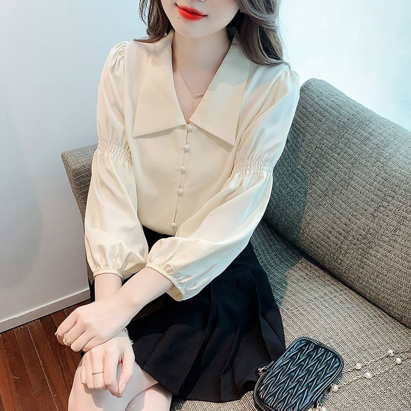 프랑스식 레트로 V넥 거품 소매 여성 셔츠 2026 봄 가을 새로운 디자인 센스 긴팔 셔츠 Chic 맨위 이미지 2
