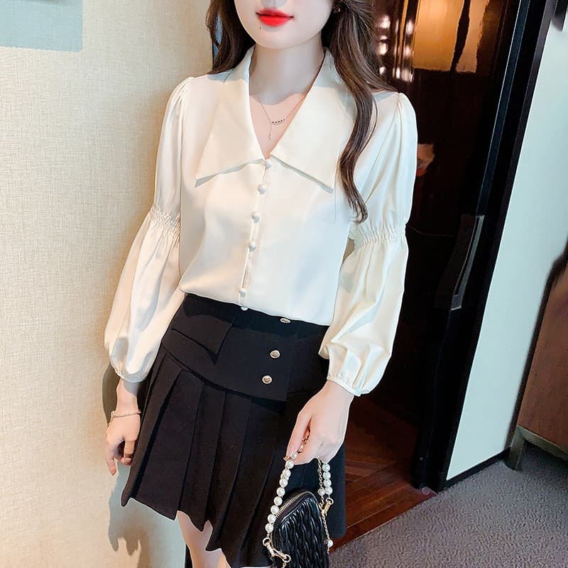 프랑스식 레트로 V넥 거품 소매 여성 셔츠 2026 봄 가을 새로운 디자인 센스 긴팔 셔츠 Chic 맨위 이미지 4