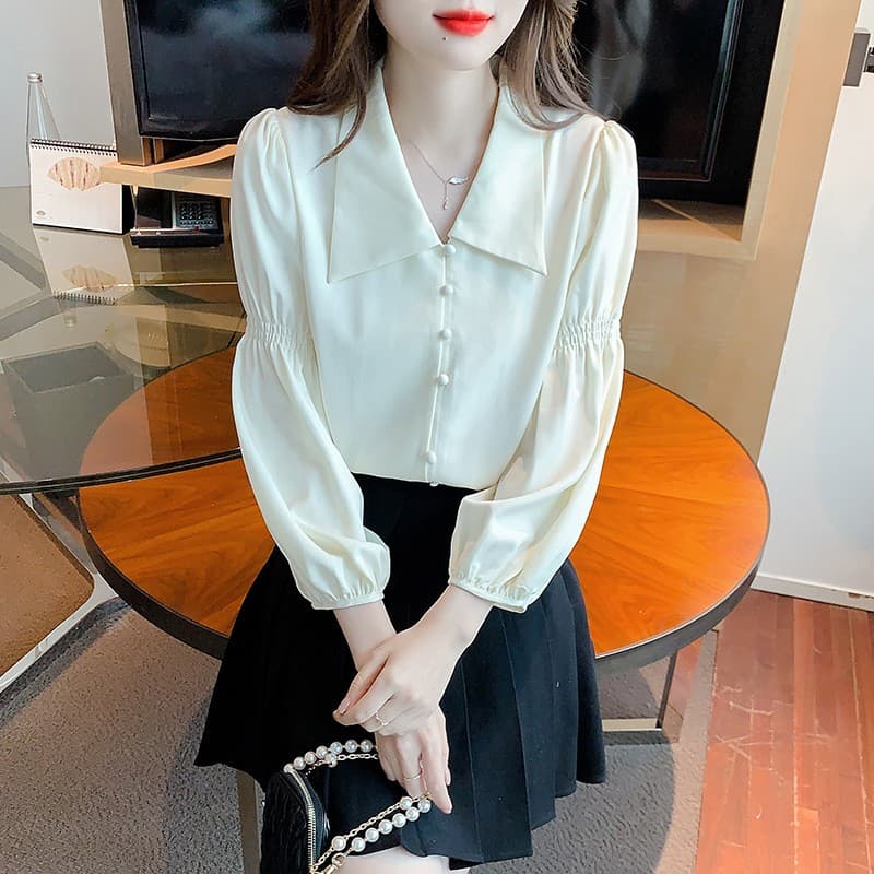 프랑스식 레트로 V넥 거품 소매 여성 셔츠 2026 봄 가을 새로운 디자인 센스 긴팔 셔츠 Chic 맨위