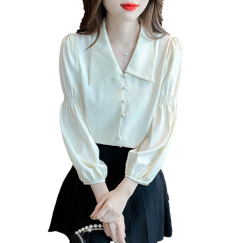 프랑스식 레트로 V넥 거품 소매 여성 셔츠 2026 봄 가을 새로운 디자인 센스 긴팔 셔츠 Chic 맨위 이미지 5