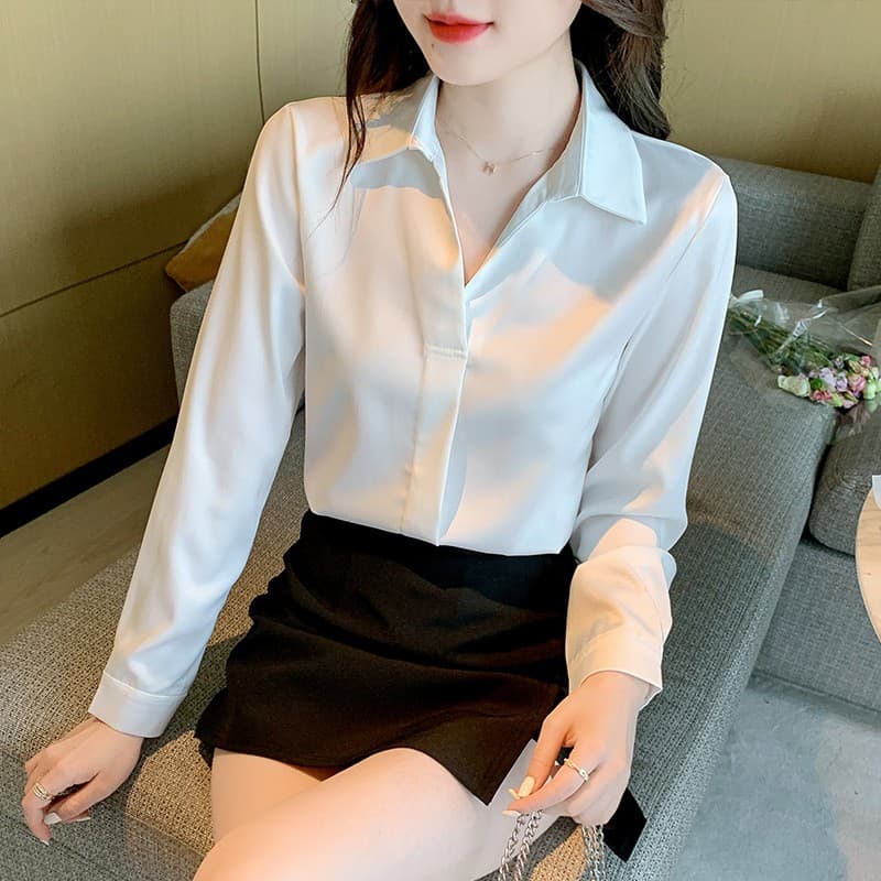 2026 봄 가을 미니멀리즘 관대 한 파란색 새틴 셔츠 여성 의류 슬림해 보이는 긴팔 대양 품격 광장 칼라 쉬폰 블라우스 맨위 이미지 5
