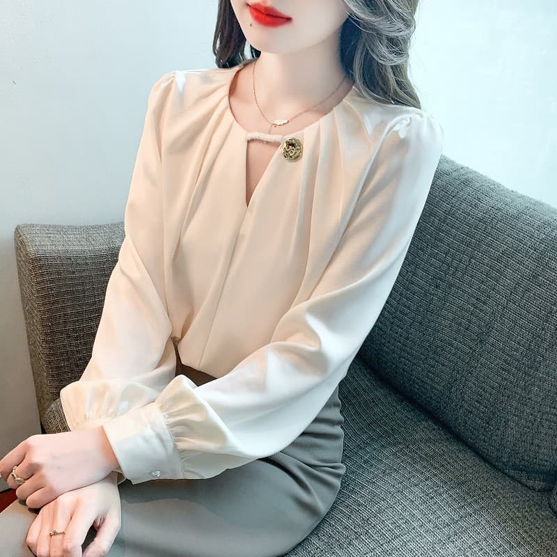 2026 봄 가을 새로운 긴팔 쉬폰 블라우스 여성 셔츠 외국 가스 작은 셔츠 기본 셔츠 루즈핏 슬림해 보이는 표지 배 셔츠 이미지 3