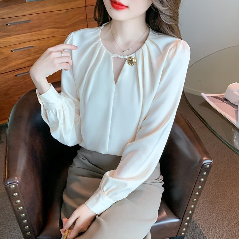 2026 봄 가을 새로운 긴팔 쉬폰 블라우스 여성 셔츠 외국 가스 작은 셔츠 기본 셔츠 루즈핏 슬림해 보이는 표지 배 셔츠 이미지 5