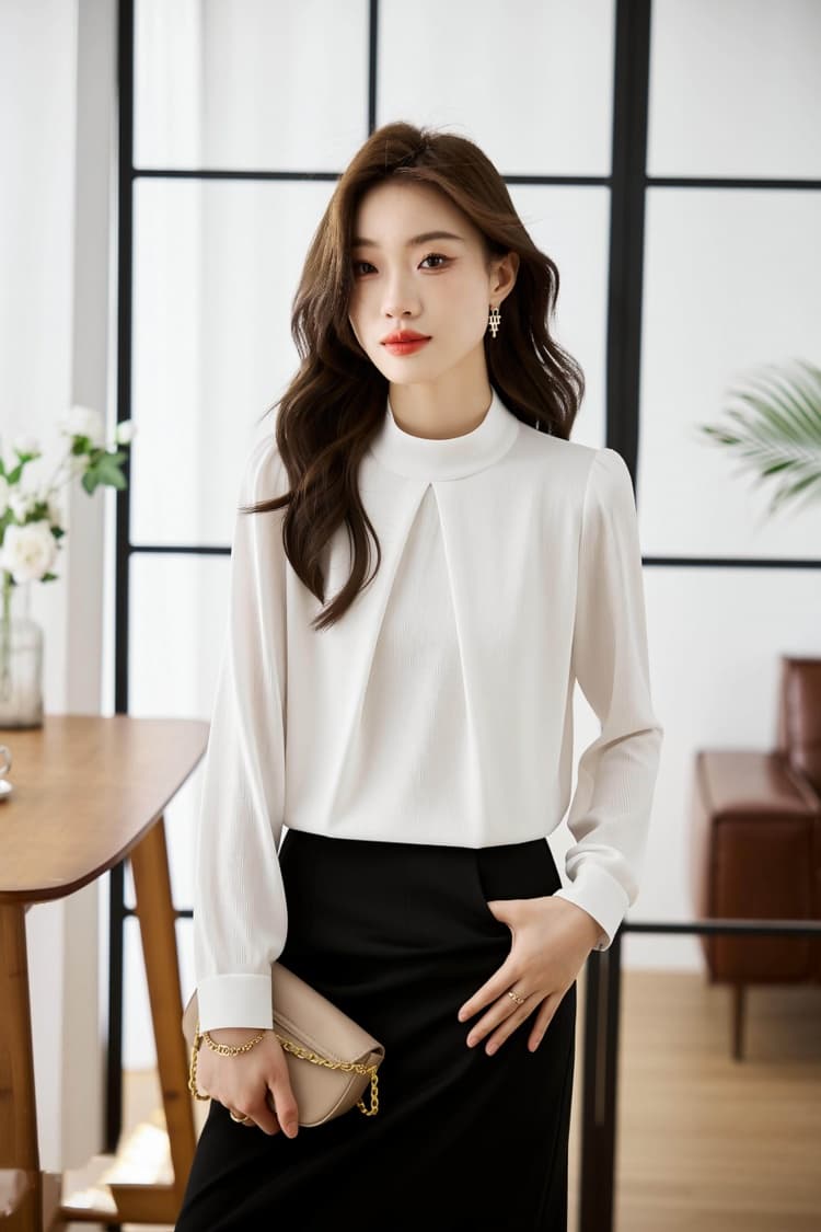 실사 26 봄 한국 스타일 긴팔 루즈핏 표지 배 쉬폰 블라우스 맨위 스탠드 칼라 패션 다용도 품격 외국 가스 작은 셔츠 상세 이미지 8