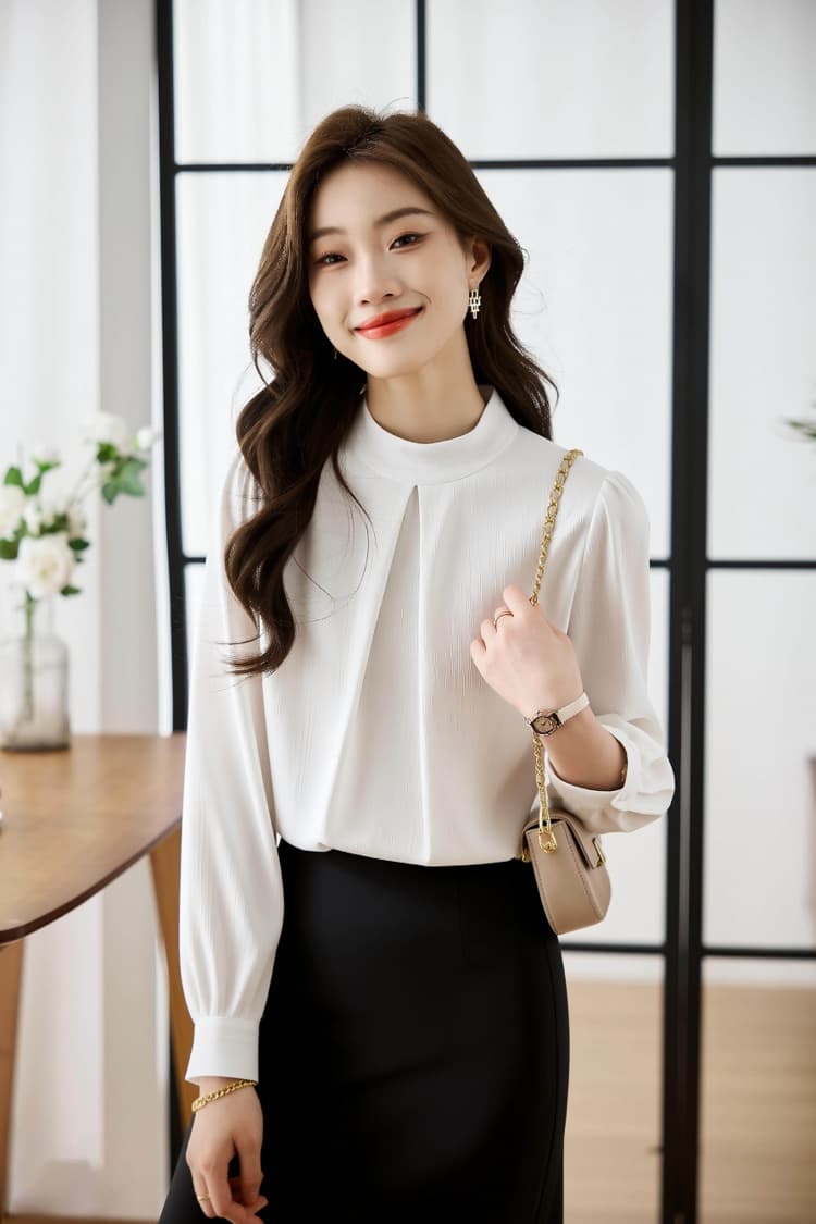 실사 26 봄 한국 스타일 긴팔 루즈핏 표지 배 쉬폰 블라우스 맨위 스탠드 칼라 패션 다용도 품격 외국 가스 작은 셔츠 상세 이미지 9