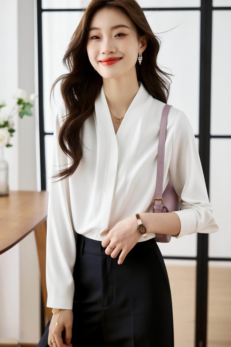 고급 센스 긴팔 여성 셔츠 2026 봄 새로운 우유 화이트 살구 품격 V넥 Chic 맨위 ol 세련된 chic 상세 이미지 6