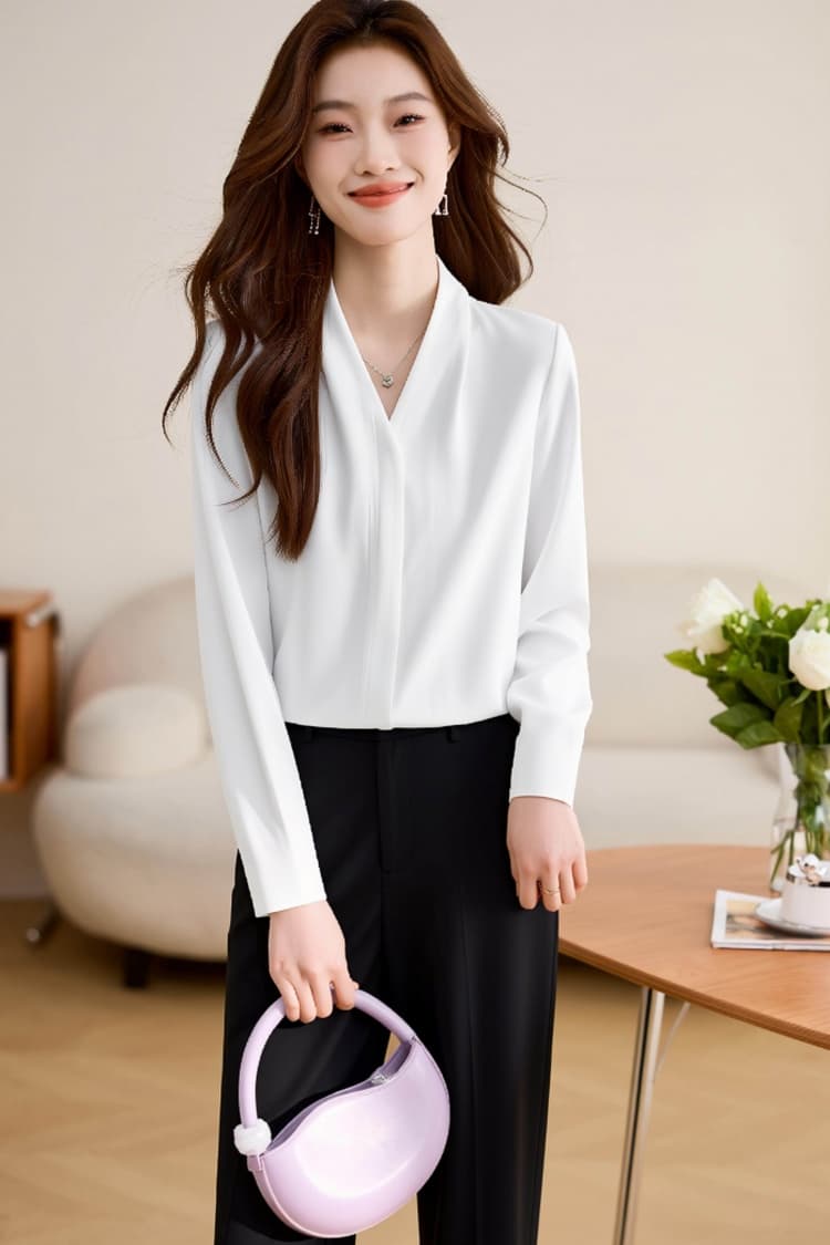 고급 센스 긴팔 여성 셔츠 2026 봄 새로운 우유 화이트 살구 품격 V넥 Chic 맨위 ol 세련된 chic 상세 이미지 7