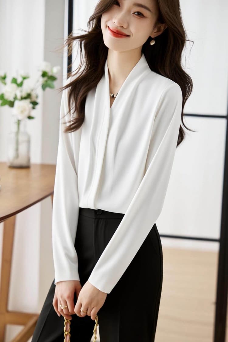 고급 센스 긴팔 여성 셔츠 2026 봄 새로운 우유 화이트 살구 품격 V넥 Chic 맨위 ol 세련된 chic 상세 이미지 8