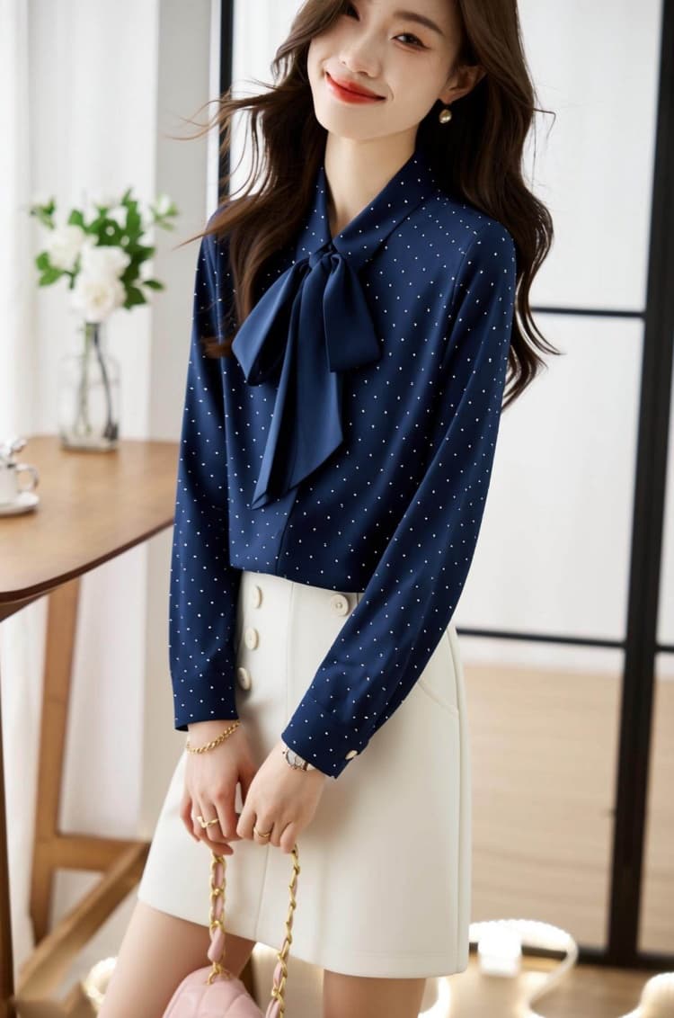 나비 매듭 셔츠 여성 긴 소매 가을 디자인 센스 작은 대중 도트 무늬 프린트 쉬폰 톱 패션 비즈니스웨어 셔츠 상세 이미지 1
