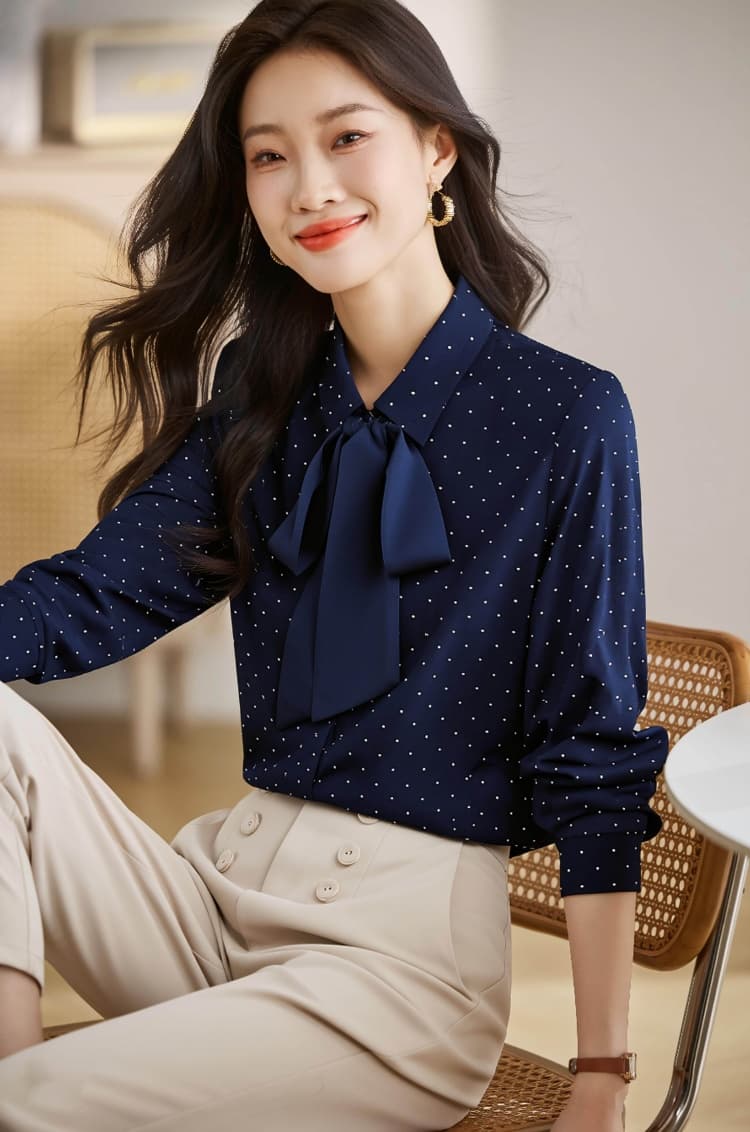 나비 매듭 셔츠 여성 긴 소매 가을 디자인 센스 작은 대중 도트 무늬 프린트 쉬폰 톱 패션 비즈니스웨어 셔츠 상세 이미지 9