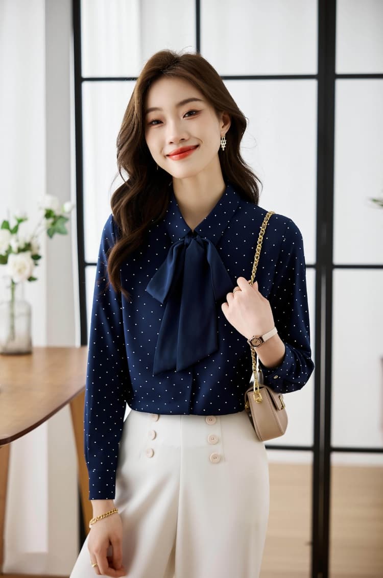 나비 매듭 셔츠 여성 긴 소매 가을 디자인 센스 작은 대중 도트 무늬 프린트 쉬폰 톱 패션 비즈니스웨어 셔츠 상세 이미지 10