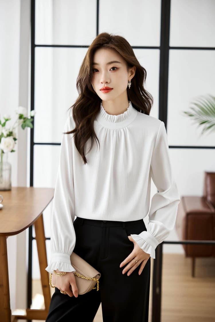 프랑스식 우아함 2026 봄 가을 출퇴근 프릴 스택 착용 긴팔 여성 셔츠 화이트 인사이드 가져 가라. 쉬폰 블라우스 맨위 상세 이미지 6