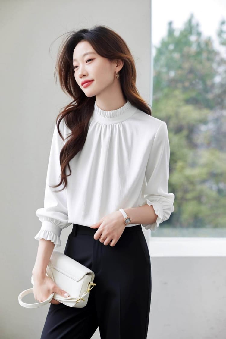 프랑스식 우아함 2026 봄 가을 출퇴근 프릴 스택 착용 긴팔 여성 셔츠 화이트 인사이드 가져 가라. 쉬폰 블라우스 맨위 상세 이미지 9