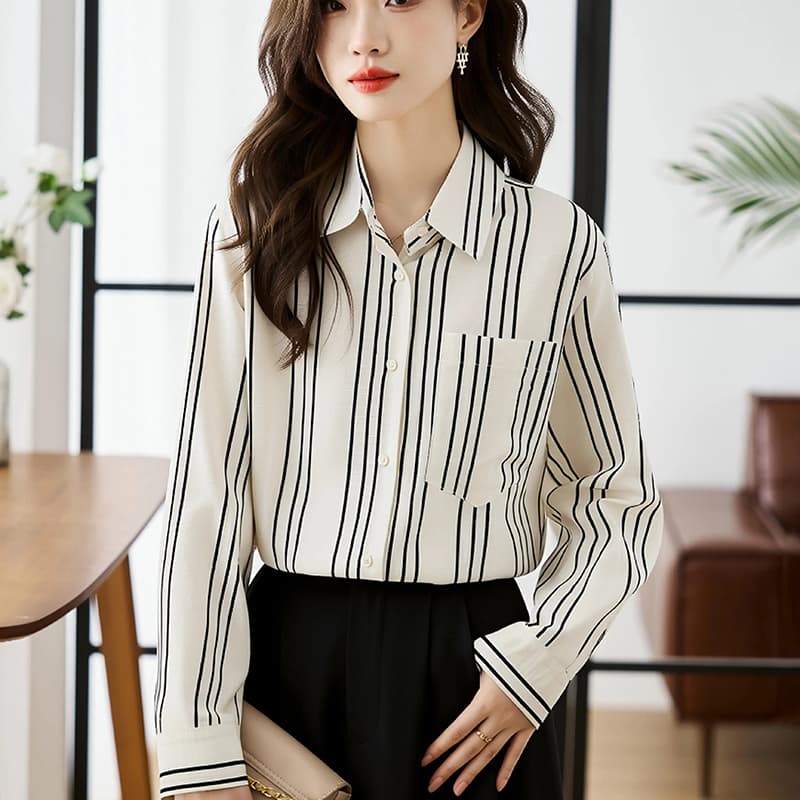 2026 봄 가을 새로운 미니멀리즘 출퇴근 세로 줄무늬 여성 셔츠 품격 쉬폰 루즈핏 다용도 만나는 외출용 맨위 이미지 3