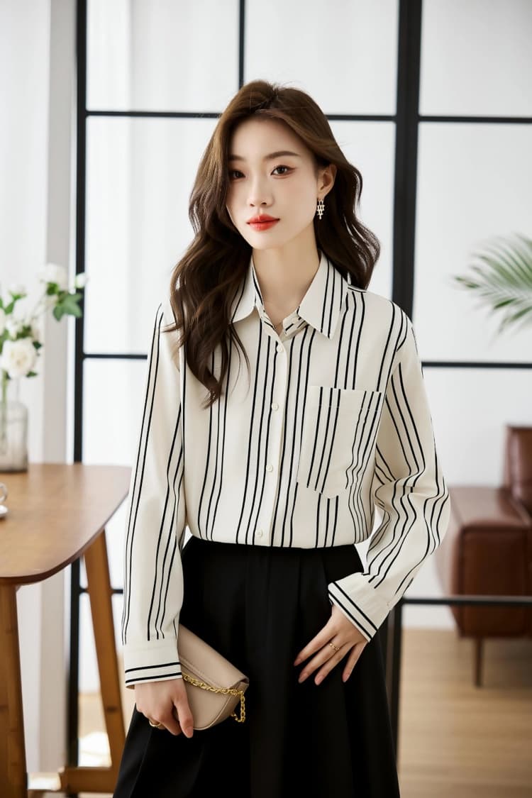 2026 봄 가을 새로운 미니멀리즘 출퇴근 세로 줄무늬 여성 셔츠 품격 쉬폰 루즈핏 다용도 만나는 외출용 맨위 상세 이미지 1