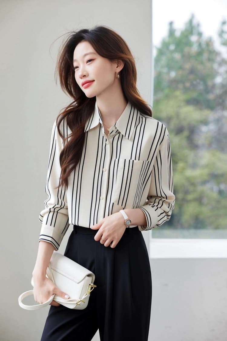 2026 봄 가을 새로운 미니멀리즘 출퇴근 세로 줄무늬 여성 셔츠 품격 쉬폰 루즈핏 다용도 만나는 외출용 맨위 상세 이미지 11