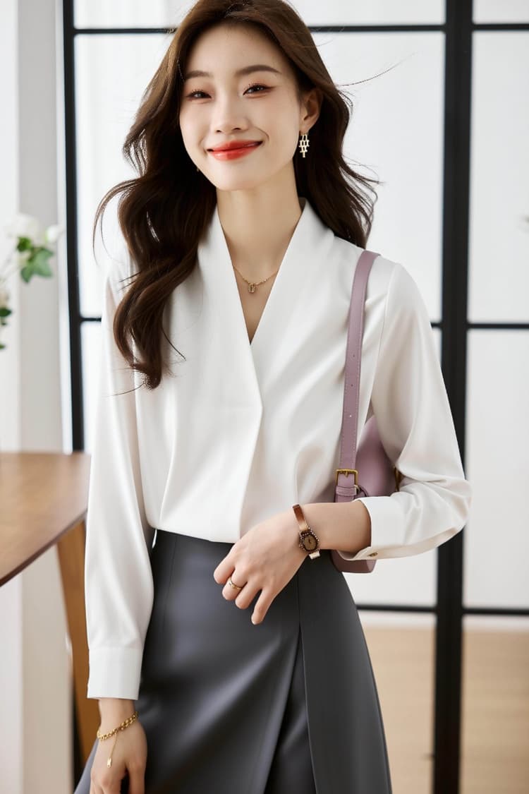 실사 2026 봄 가을 새로운 한국 스타일 다용도 V넥 긴팔 품격 슬림해 보이는 여성 쉬폰 셔츠 가을 맨위 상세 이미지 12
