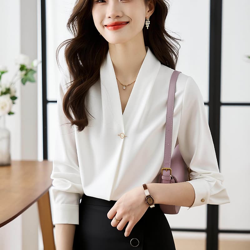 2026 봄 가을 새로운 쉬폰 흰 셔츠 여성 셔츠 디자인 센스 작은 대중 외국 가스 이른 가을 빛 요리 한 레트로 홍콩 느낌 이미지 3