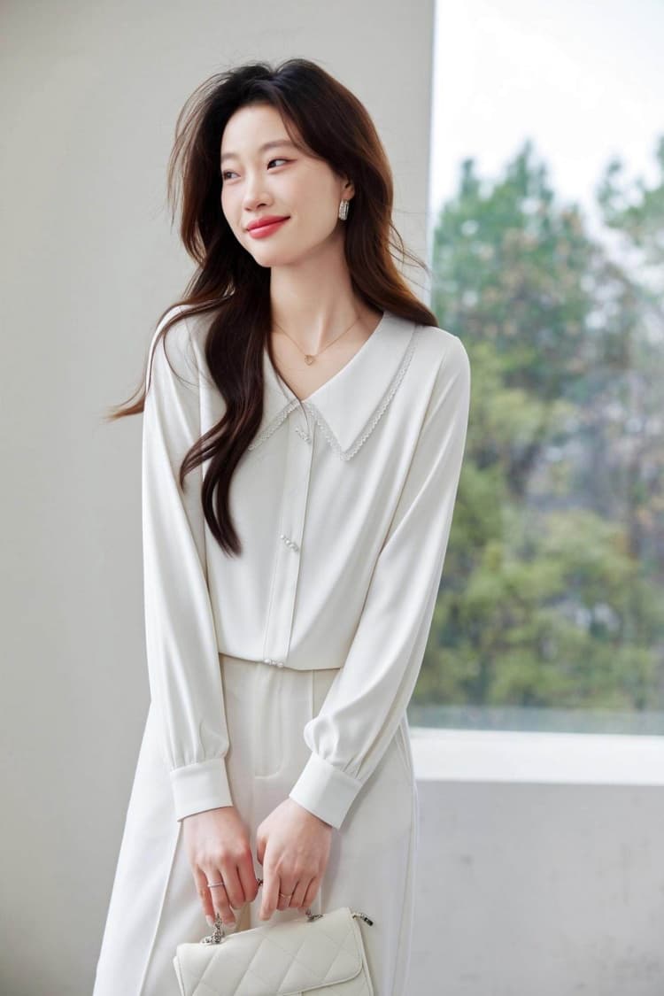 2026 가을 새로운 여성 셔츠 패션 외국 가스 베이비 칼라 프랑스식 비즈 박기 레이스 셔츠 긴팔 쉬폰 블라우스 맨위 상세 이미지 8