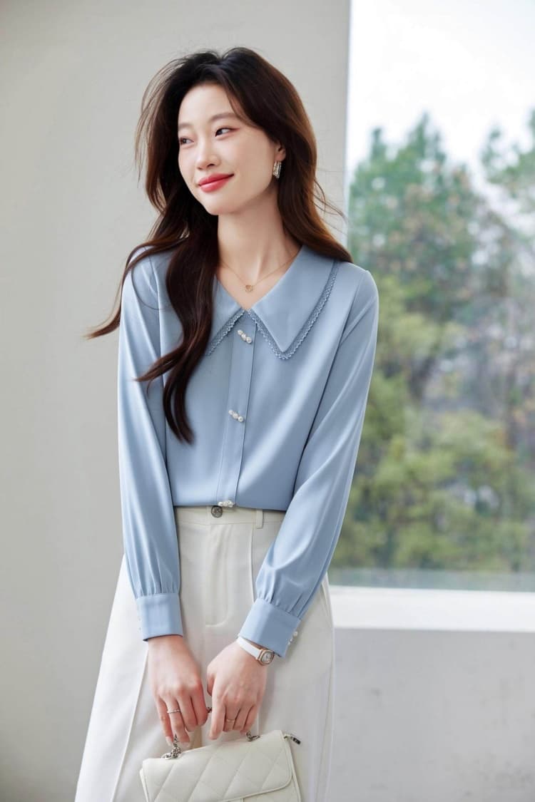 2026 가을 새로운 여성 셔츠 패션 외국 가스 베이비 칼라 프랑스식 비즈 박기 레이스 셔츠 긴팔 쉬폰 블라우스 맨위 상세 이미지 10