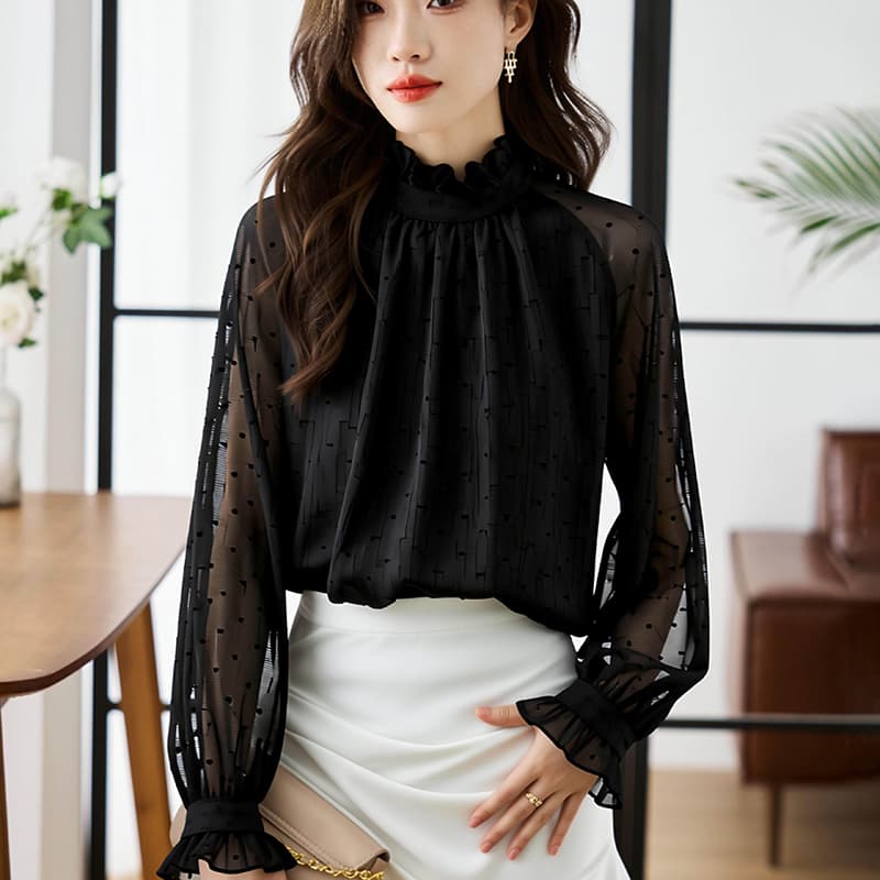 검정색 쉬폰 여성 셔츠 디자인 센스 작은 대중 스탠드 칼라 망사 셔츠 2026 봄 가을 레트로 항구 바람 맨위 이미지 4
