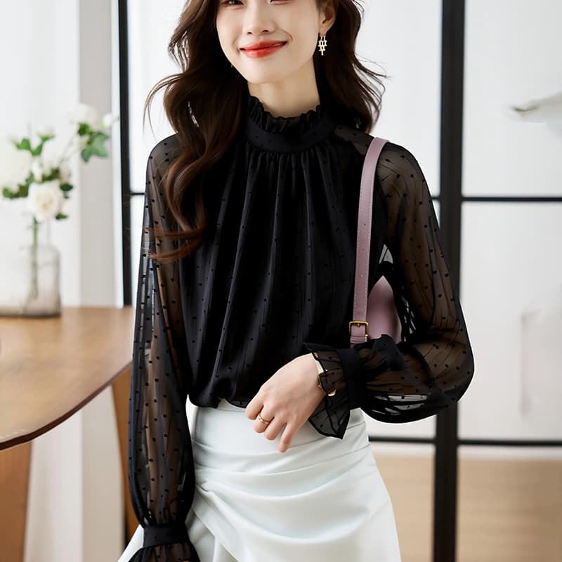 검정색 쉬폰 여성 셔츠 디자인 센스 작은 대중 스탠드 칼라 망사 셔츠 2026 봄 가을 레트로 항구 바람 맨위 이미지 2