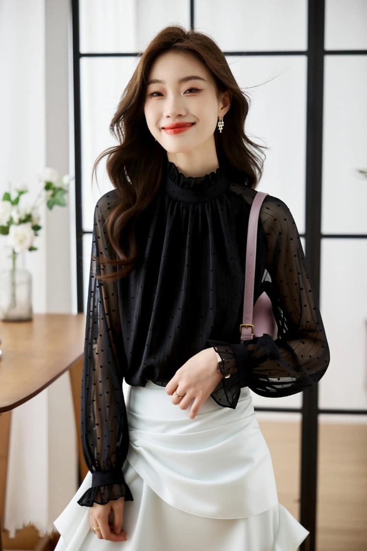 검정색 쉬폰 여성 셔츠 디자인 센스 작은 대중 스탠드 칼라 망사 셔츠 2026 봄 가을 레트로 항구 바람 맨위 상세 이미지 11