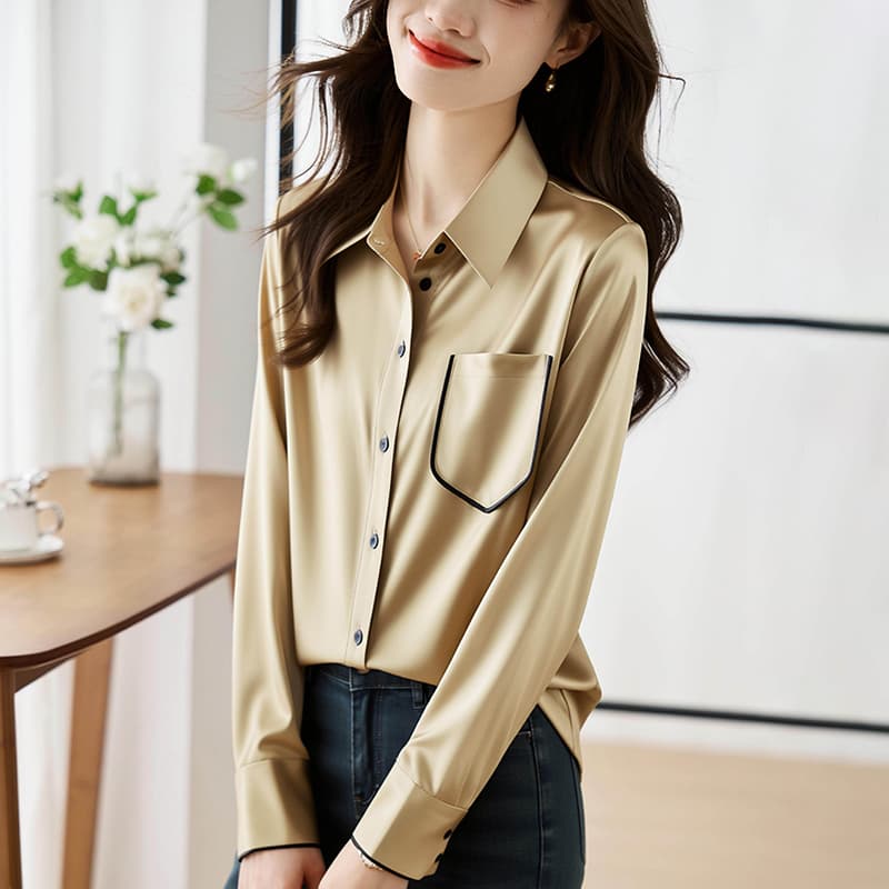 제나라 코드 2026 봄 가을 새틴 시뮬레이션 실크 셔츠 여성 긴 소매 작은 셔츠 경력 셔츠 패션 쉬폰 블라우스 맨위