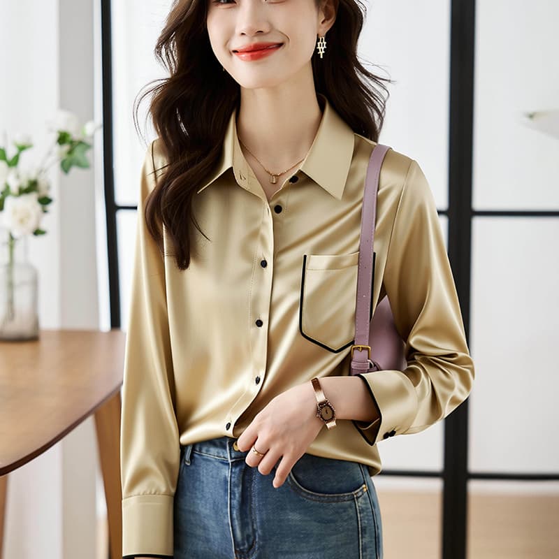 제나라 코드 2026 봄 가을 새틴 시뮬레이션 실크 셔츠 여성 긴 소매 작은 셔츠 경력 셔츠 패션 쉬폰 블라우스 맨위 이미지 4