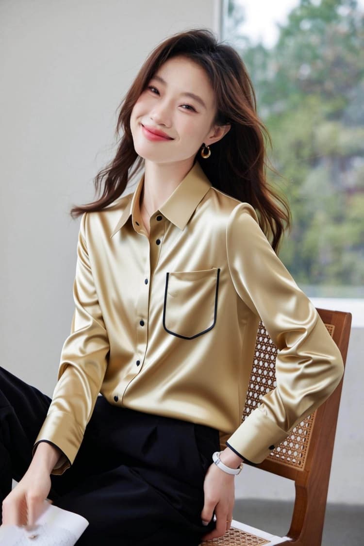 제나라 코드 2026 봄 가을 새틴 시뮬레이션 실크 셔츠 여성 긴 소매 작은 셔츠 경력 셔츠 패션 쉬폰 블라우스 맨위 상세 이미지 8