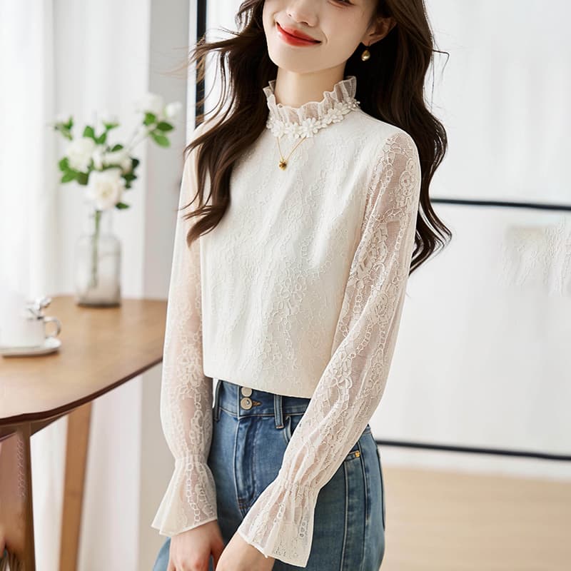 2026 봄 가을 새로운 한국 스타일 패션 유럽 상품 레이스 기본 셔츠 외국 가스 쉬폰 작은 셔츠 여성 이미지 4