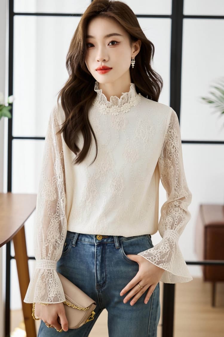 2026 봄 가을 새로운 한국 스타일 패션 유럽 상품 레이스 기본 셔츠 외국 가스 쉬폰 작은 셔츠 여성 상세 이미지 9