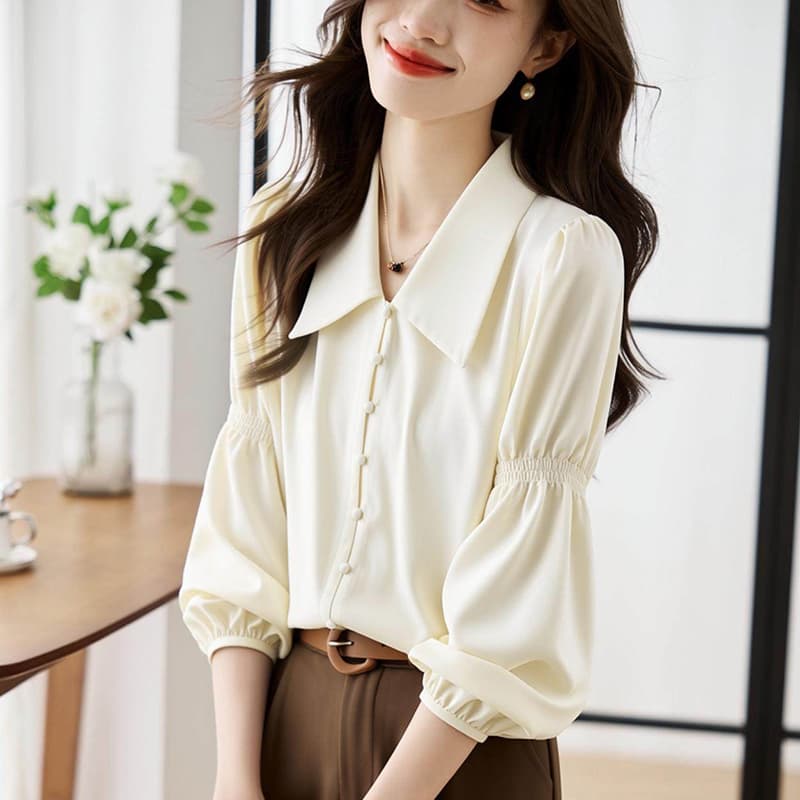 프랑스식 레트로 V넥 거품 소매 여성 셔츠 2026 봄 가을 새로운 디자인 센스 긴팔 셔츠 Chic 맨위 이미지 4