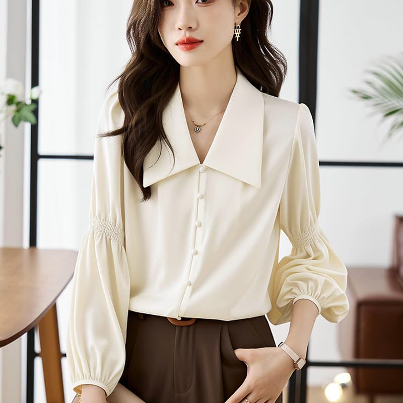 프랑스식 레트로 V넥 거품 소매 여성 셔츠 2026 봄 가을 새로운 디자인 센스 긴팔 셔츠 Chic 맨위 이미지 3