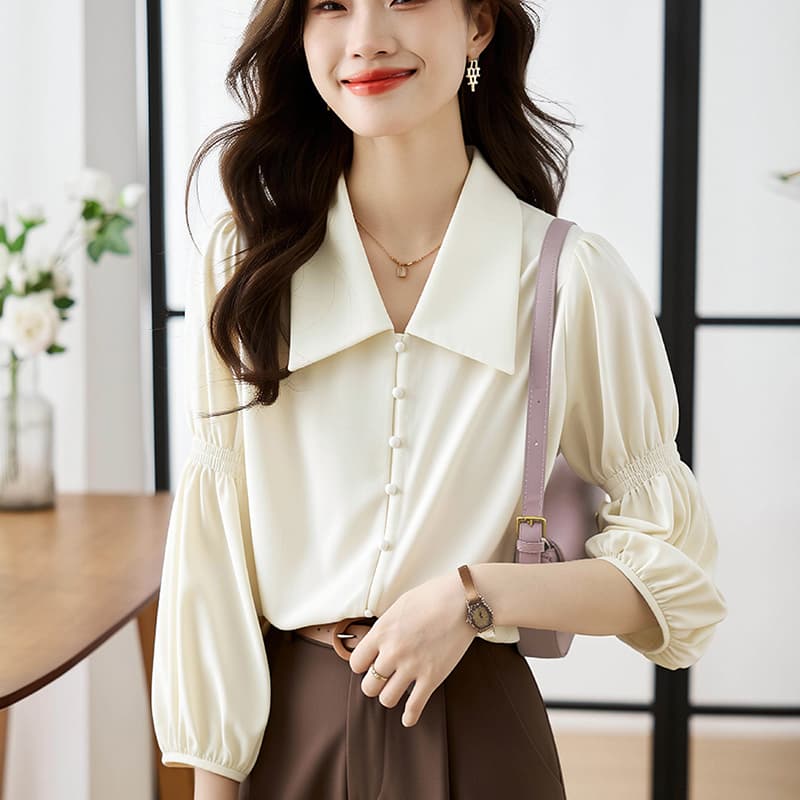 프랑스식 레트로 V넥 거품 소매 여성 셔츠 2026 봄 가을 새로운 디자인 센스 긴팔 셔츠 Chic 맨위 이미지 5