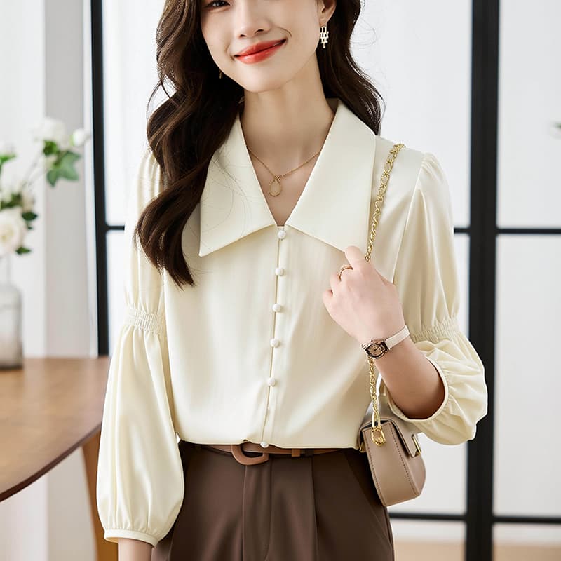 프랑스식 레트로 V넥 거품 소매 여성 셔츠 2026 봄 가을 새로운 디자인 센스 긴팔 셔츠 Chic 맨위