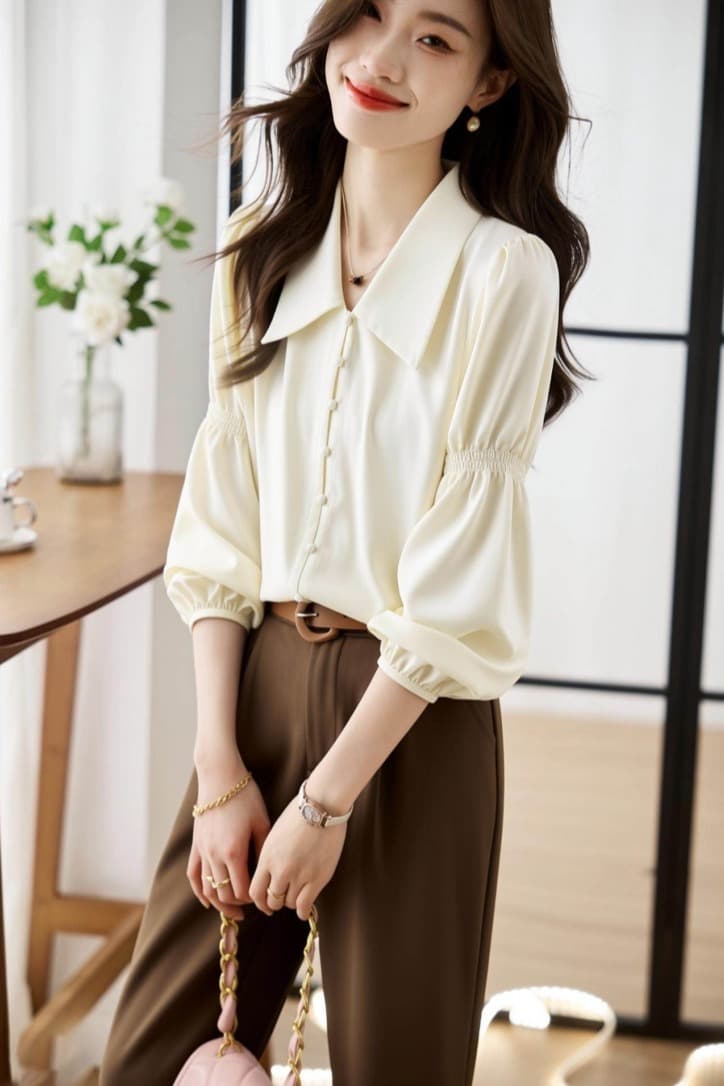 프랑스식 레트로 V넥 거품 소매 여성 셔츠 2026 봄 가을 새로운 디자인 센스 긴팔 셔츠 Chic 맨위 이미지 6