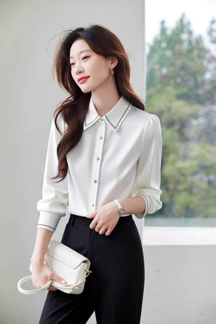 털이 있는 새틴 셔츠 여성 긴 소매 가을 디자인 센스 작은 대중 배색 인사이드 가져 가라. 만나는 맨위 경력 긍정적 인 로드 중 셔츠 상세 이미지 9