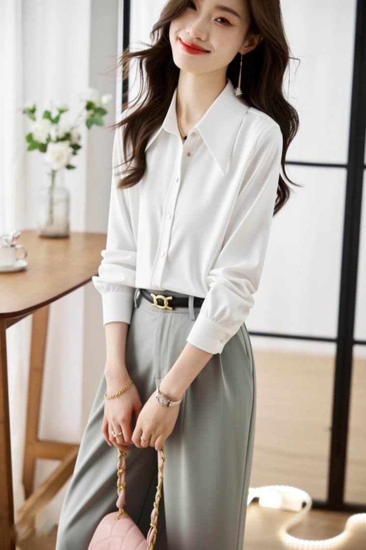화이트 아세트산 새틴 긴팔 셔츠 여성 이른 봄 패션 외국 가스 고급 센스 ol 출퇴근 미니멀리즘 광택 셔츠 이미지 6