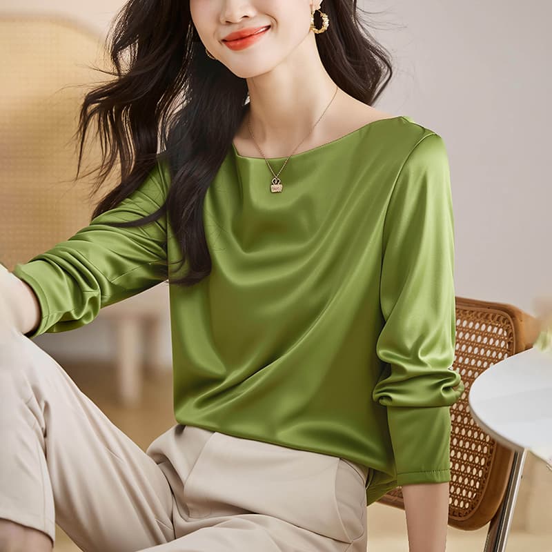 특별 가격 보트넥 누출 쇄골 긴팔 시폰 셔츠 여성 가을 2026 새로운 한국 스타일 다용도 단색 기본 셔츠 이미지 4