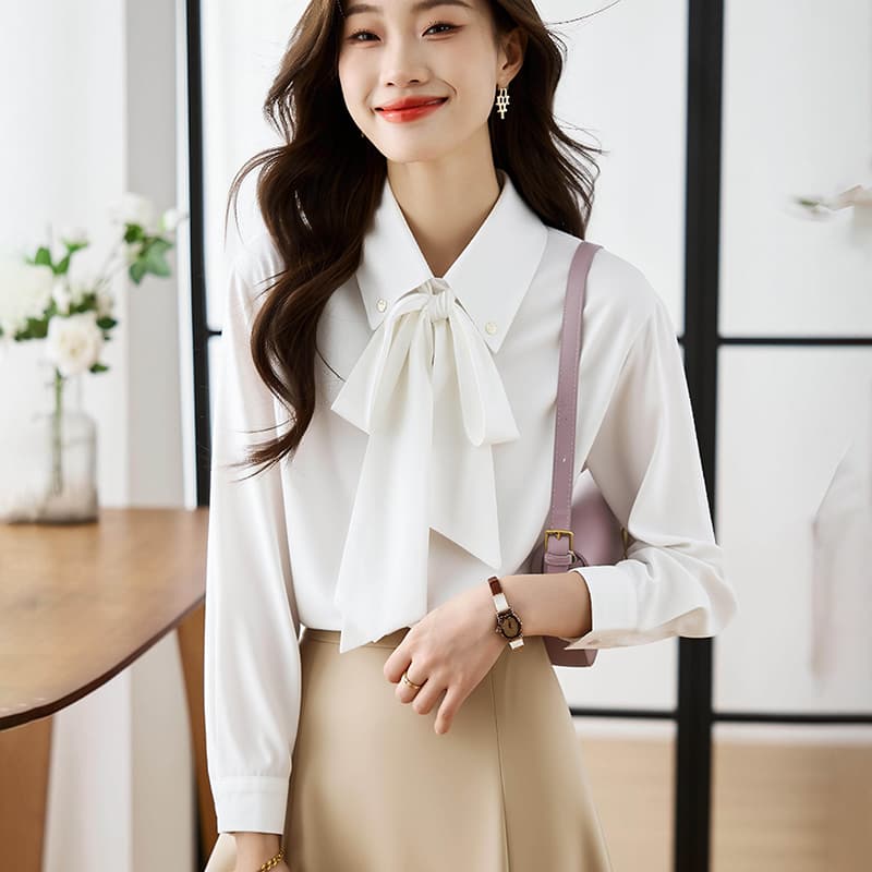 실사 나비 매듭 쉬폰 셔츠 여성 긴 소매 2026 년 봄 새로운 품격 리본 셔츠 이미지 4
