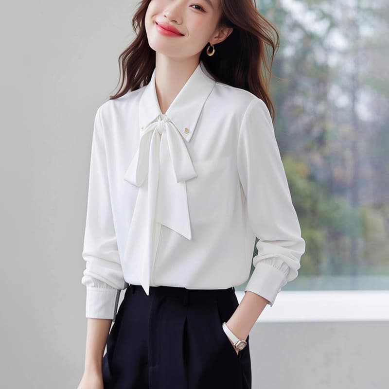 실사 나비 매듭 쉬폰 셔츠 여성 긴 소매 2026 년 봄 새로운 품격 리본 셔츠 이미지 3