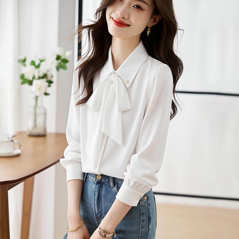 실사 나비 매듭 쉬폰 셔츠 여성 긴 소매 2026 년 봄 새로운 품격 리본 셔츠