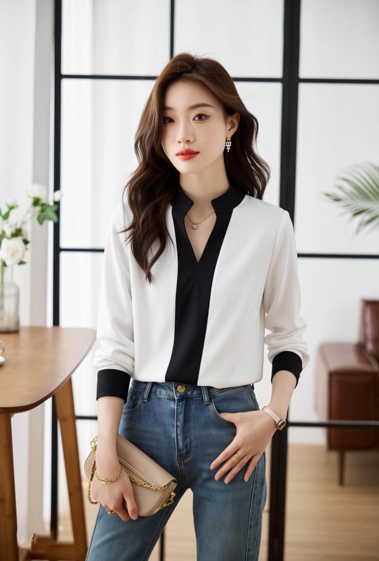 외국 가스 시폰 셔츠 여성 2026 봄 가을 새로운 V넥 배색 디자인 센스 작은 대중 ol 출퇴근 셔츠 맨위 상세 이미지 9