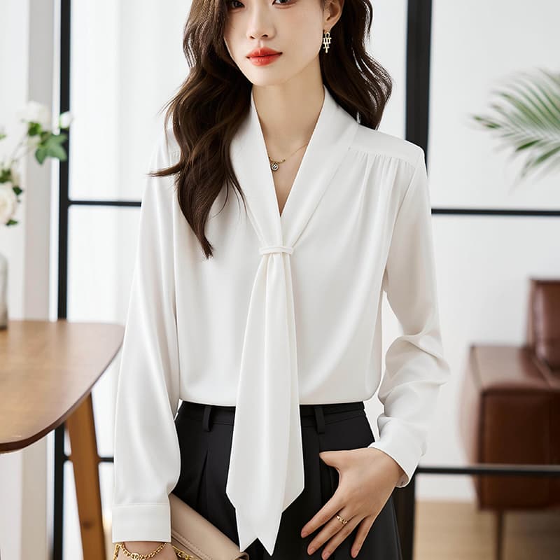 2026 봄 가을 새로운 맨위 여성 화이트 쉬폰 블라우스 디자인 센스 작은 대중 V넥 셔츠 긴팔 여성 셔츠 이미지 5