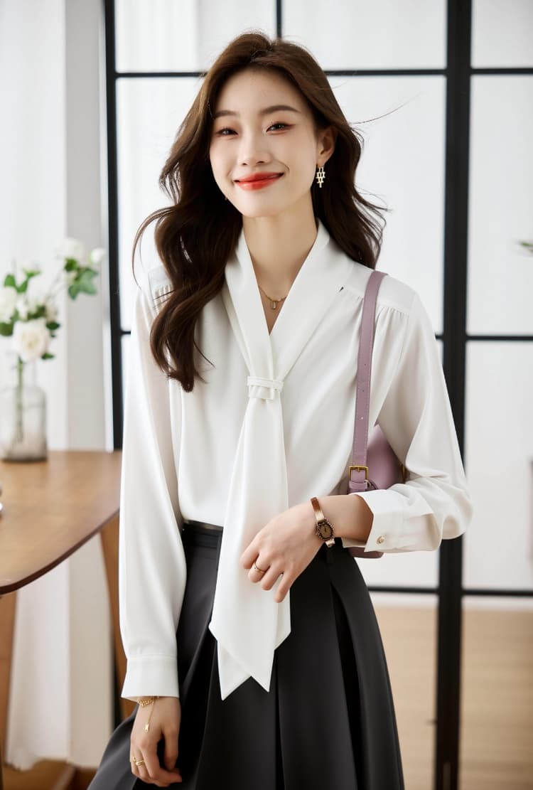 2026 봄 가을 새로운 맨위 여성 화이트 쉬폰 블라우스 디자인 센스 작은 대중 V넥 셔츠 긴팔 여성 셔츠 상세 이미지 7