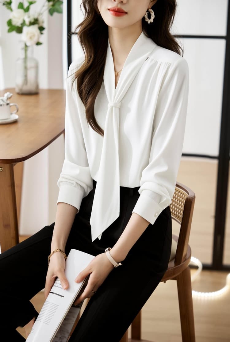 2026 봄 가을 새로운 맨위 여성 화이트 쉬폰 블라우스 디자인 센스 작은 대중 V넥 셔츠 긴팔 여성 셔츠 상세 이미지 8