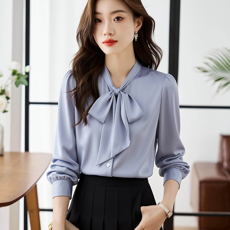 2026 봄 가을 새로운 고급 센스 품격 리본 나비 매듭 셔츠 여성 긴 소매 경력 교 자본금 착용 가져 가라. 흰 셔츠
