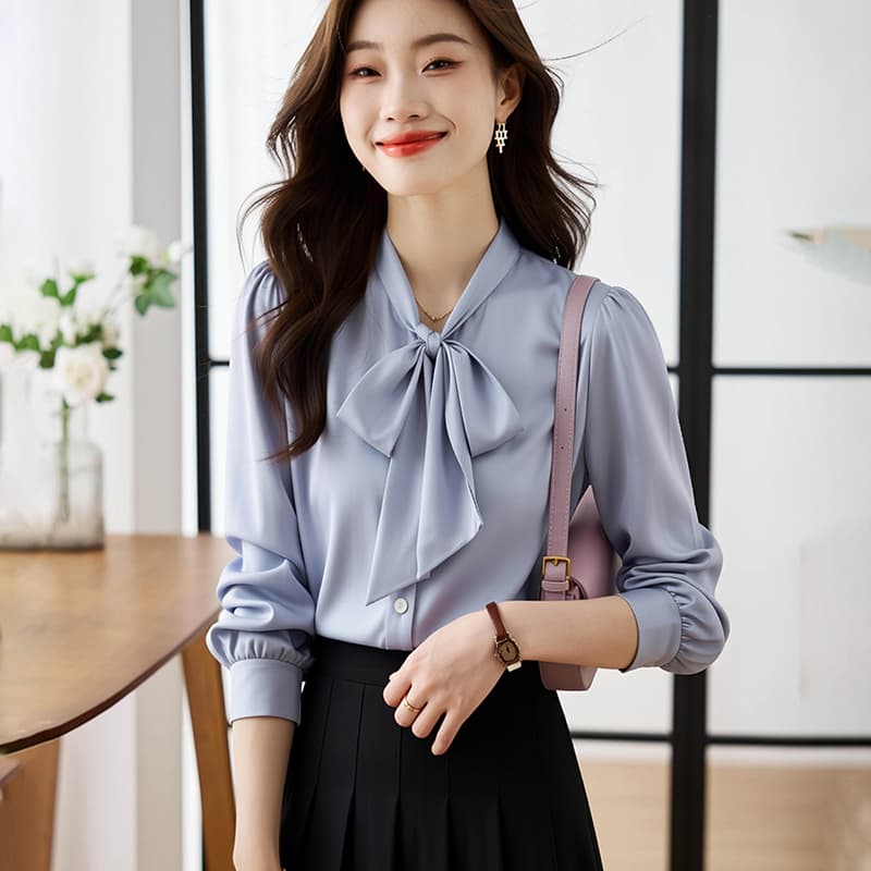 2026 봄 가을 새로운 고급 센스 품격 리본 나비 매듭 셔츠 여성 긴 소매 경력 교 자본금 착용 가져 가라. 흰 셔츠 이미지 2