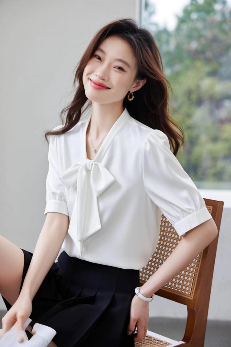 2026 봄 가을 새로운 고급 센스 품격 리본 나비 매듭 셔츠 여성 긴 소매 경력 교 자본금 착용 가져 가라. 흰 셔츠 상세 이미지 29
